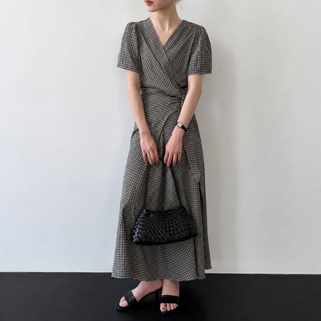 v neck check waist ribbon onepiece　MA1990