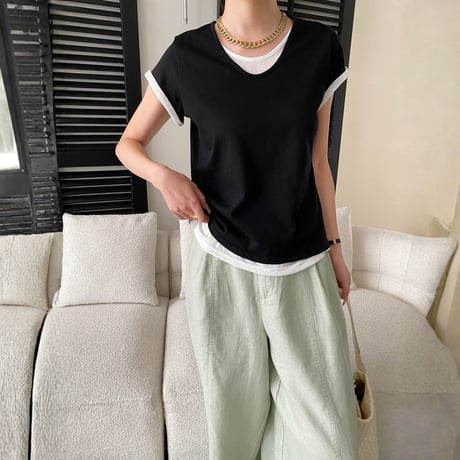 fake layered v neck short sleeve t　MA1955