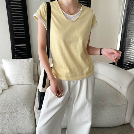 fake layered v neck short sleeve t　MA1955