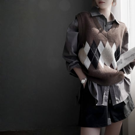 argyle knit v neck vest　MA1858