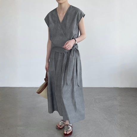 stripe cachecoeur sleeveless tops wide pants setup　MA1962