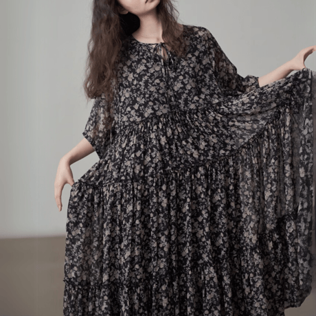 french retro floral & feminine chiffon onepiece　MA1437