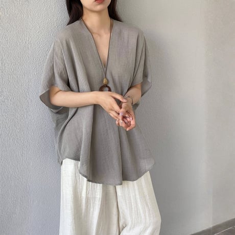 sheer linenlike v neck wide pants setup　MA1979
