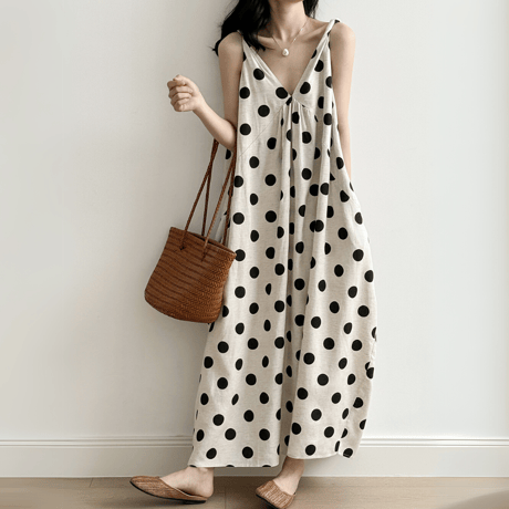 polka dot flare linen dress　MA1573