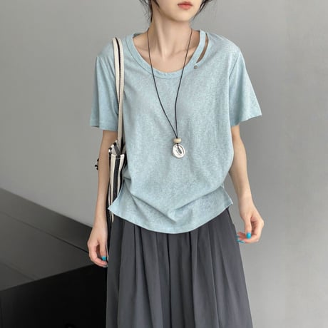 shoulder cutout sheer t shirt　MA1975