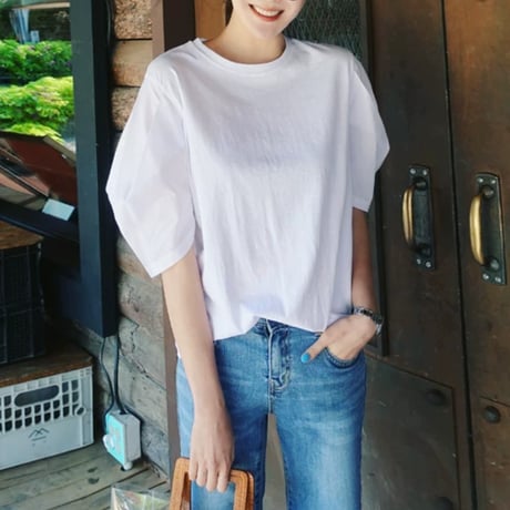 white lantern sleeve round neck t　MA1958
