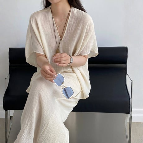 sheer linenlike v neck wide pants setup　MA1979