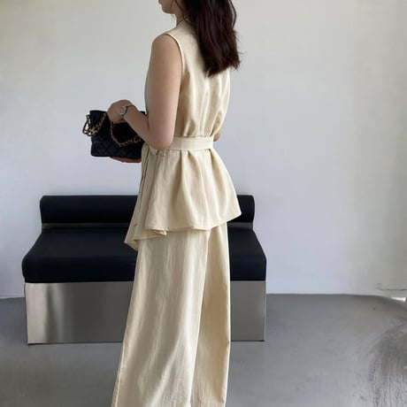belted sleeveless gilet wide pants setup　MA1981