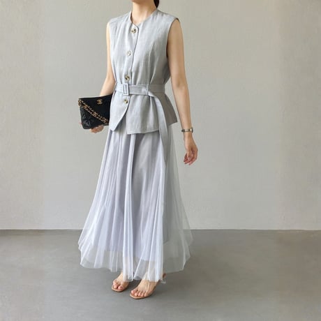 belted sleeveless vest tulle skirt setup　MA1980