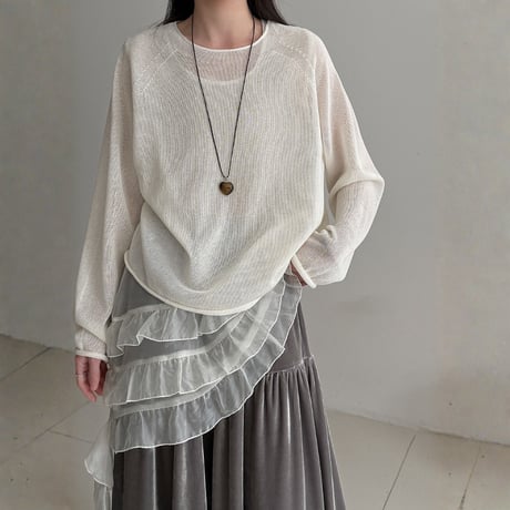 sheer roll hem knit long sleeve top　MA1869