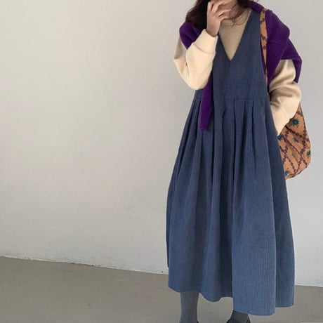 blue corduroy sleeveless one-piece　MA1125