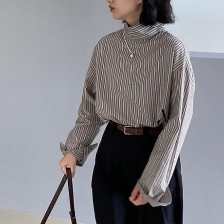 high neck design striped blouse　MA1179