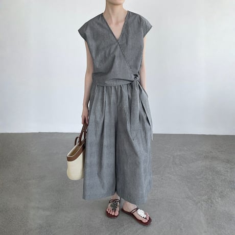 stripe cachecoeur sleeveless tops wide pants setup　MA1962