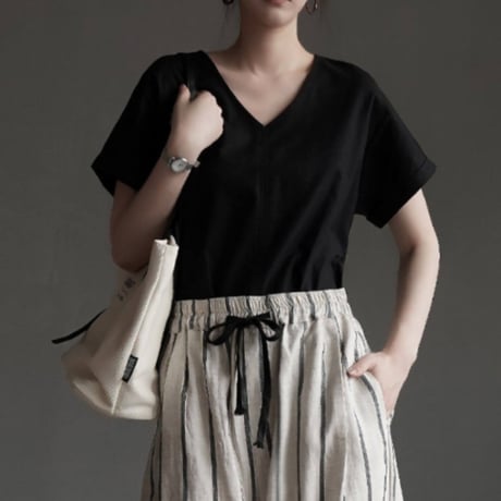 v-neck cotton linen short sleeve top　MA1948