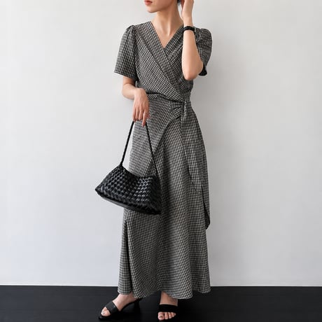 v neck check waist ribbon onepiece　MA1990