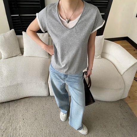 fake layered v neck short sleeve t　MA1955