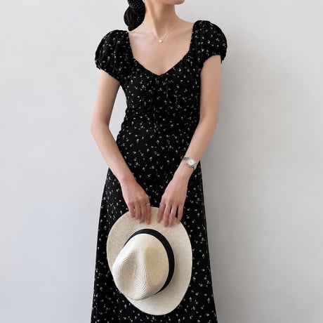 flower square neck puff sleeve waist mark long one piece　MA1991