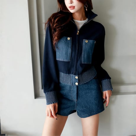 bi color knit denim jacket blouson　MA1839