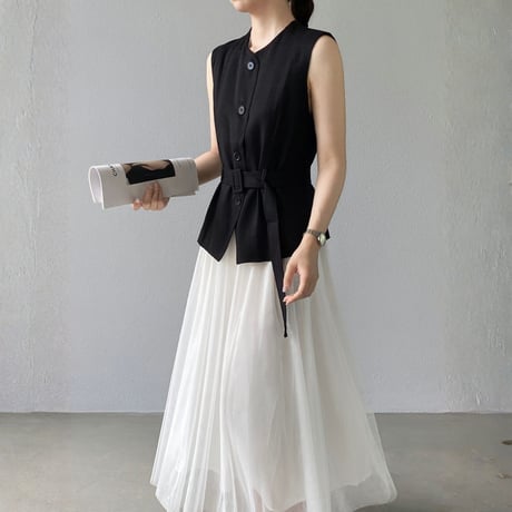 belted sleeveless vest tulle skirt setup　MA1980
