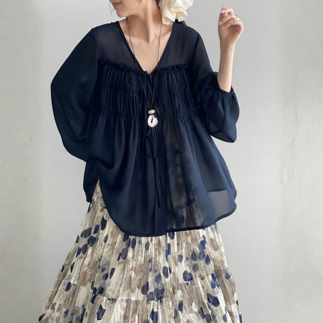 sheer gather ribbon blouse　MA1965