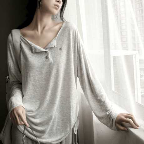 side drawstring sheer henley neck cutsew　MA1946