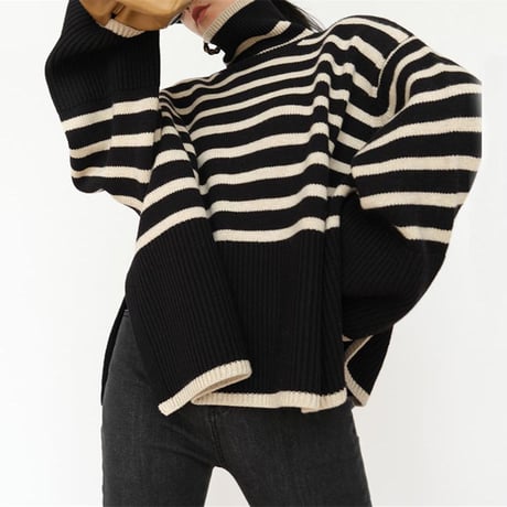 high neck slit striped knit　MA1338