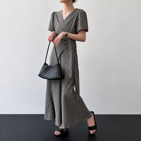 v neck check waist ribbon onepiece　MA1990
