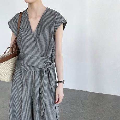 stripe cachecoeur sleeveless tops wide pants setup　MA1962