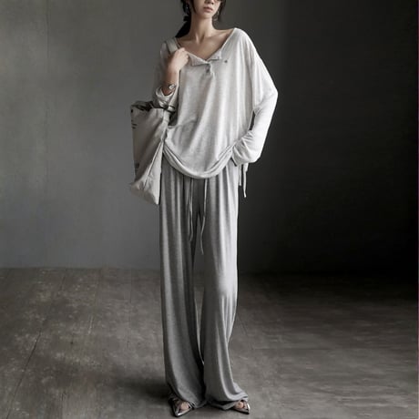 side drawstring sheer henley neck cutsew　MA1946