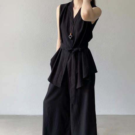 belted sleeveless gilet wide pants setup　MA1981