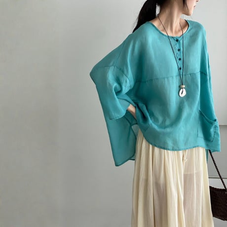 sheer wide sleeve pocket blouse　MA1978
