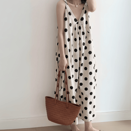polka dot flare linen dress　MA1573