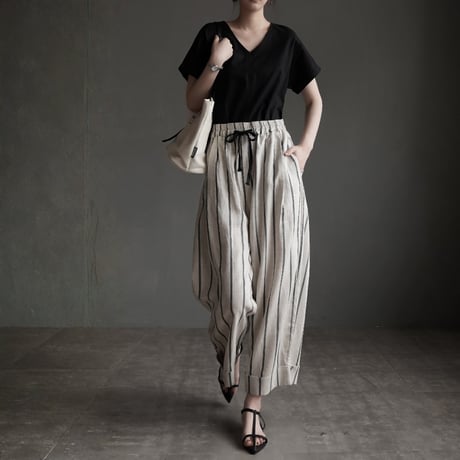 relaxed stripe linen cropped wide leg pants　MA1953
