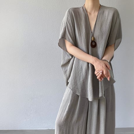 sheer linenlike v neck wide pants setup　MA1979