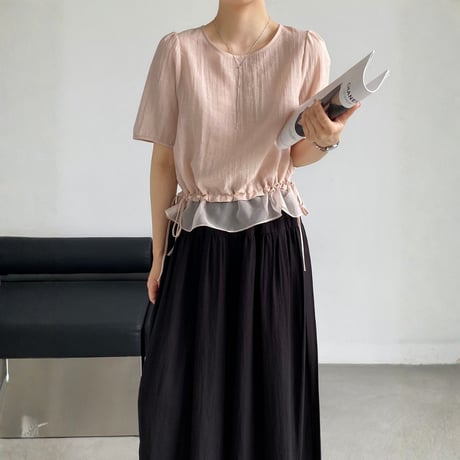 sheer layered drawstring puff sleeve blouse　MA1976