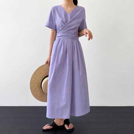 v neck cache coeur waist ribbon long one piece/2color　MA1992