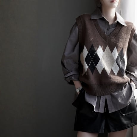 argyle knit v neck vest　MA1858
