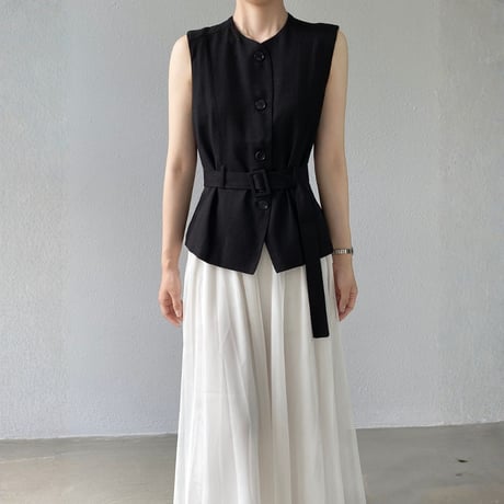 belted sleeveless vest tulle skirt setup　MA1980