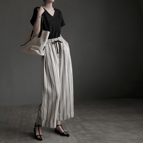 relaxed stripe linen cropped wide leg pants　MA1953