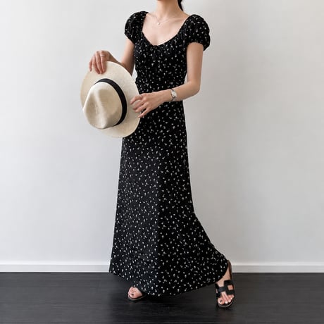 flower square neck puff sleeve waist mark long one piece　MA1991