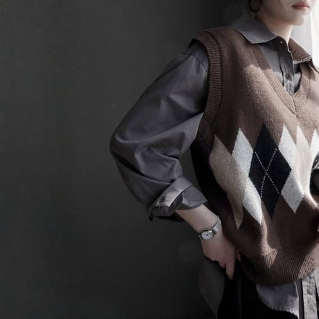 argyle knit v neck vest　MA1858