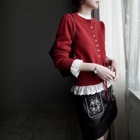 lace layered drawstring knit cardigan　MA1830