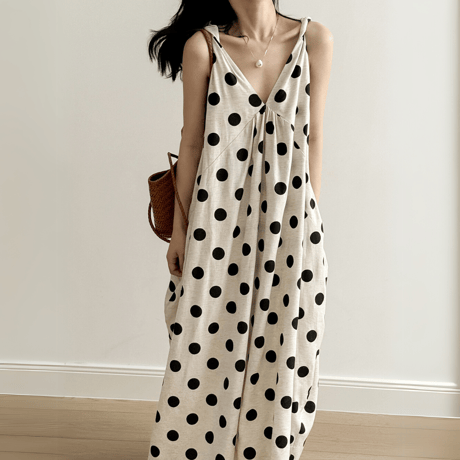 polka dot flare linen dress　MA1573
