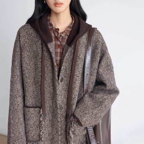 fringe pocket hooded tweed jacket　MA1146