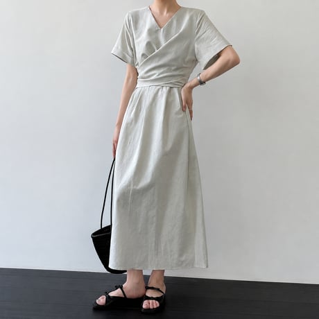 v neck cache coeur waist ribbon long one piece/2color　MA1992