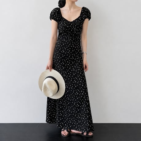 flower square neck puff sleeve waist mark long one piece　MA1991