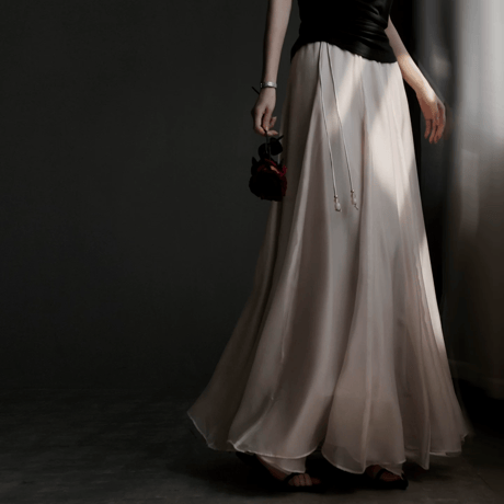 sheer drawstring long flare skirt　MA1950