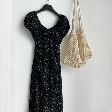 flower square neck puff sleeve waist mark long one piece　MA1991