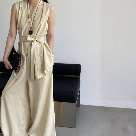belted sleeveless gilet wide pants setup　MA1981