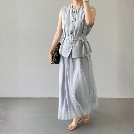 belted sleeveless vest tulle skirt setup　MA1980